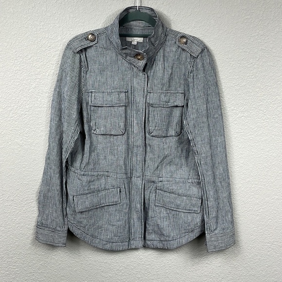 NWT Loft Striped Twill Utility Jacket Linen Cotton Gray White Full Zip Sz S - Picture 3 of 14